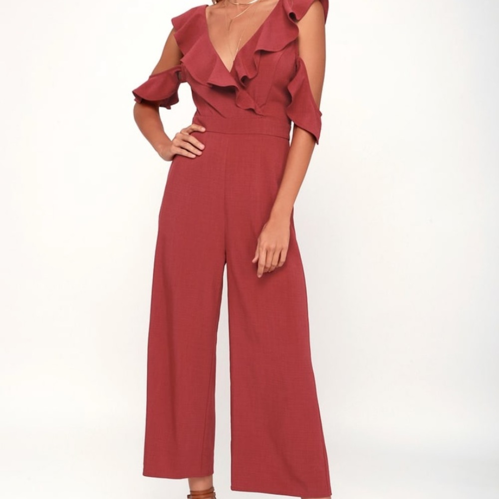 Red Ruffled Wide-Leg Off-Shoulder Jumpsuit